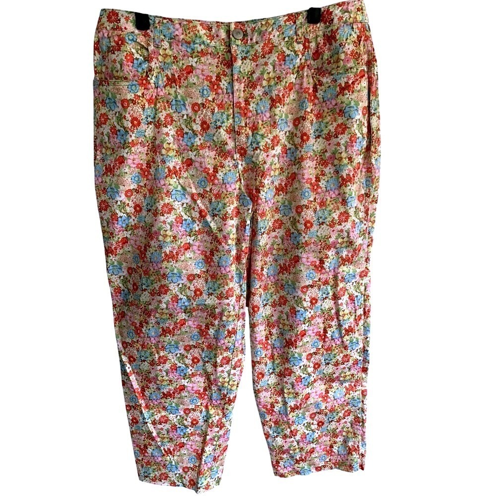 Kate Hill Woman Floral Print Cropped Pants Size 16W Beige Multi Color Casual‎